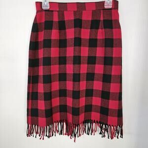 Savion Women's Wool Blend Skirt Red & Black Buffalo Plaid Fringe Vintage Sz 10